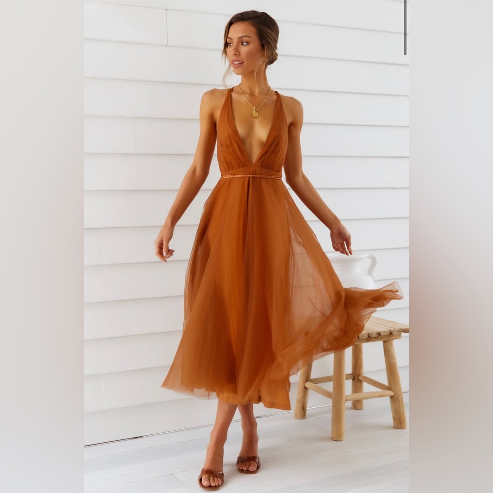 Hello Molly Rust Brown Halter Midi Dress